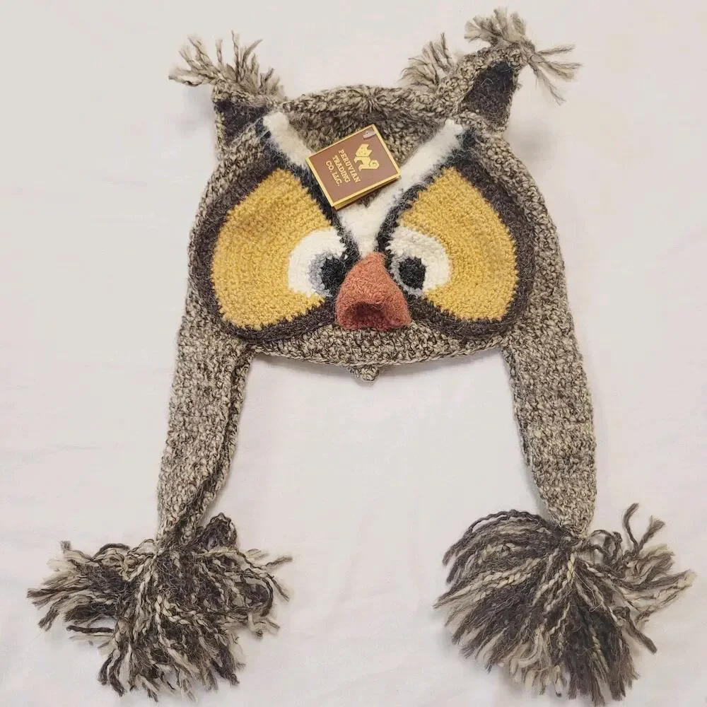 Peruvian Trading Company Hat Knit Owl Ear Flap Pom Pom Handmade Peru Cozy New - Picture 2 of 12